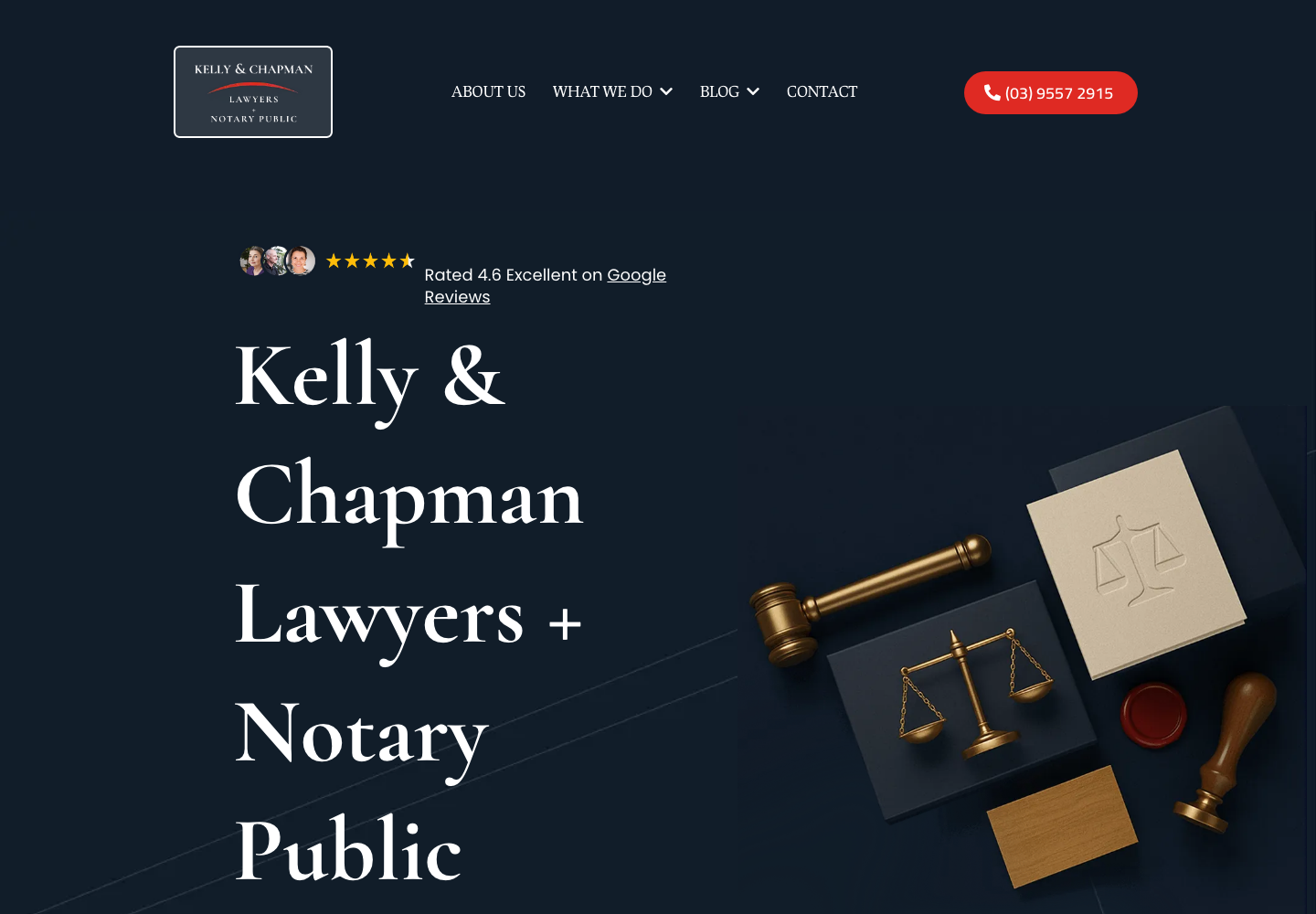 Kelly and Chapman Lawyers website, showing its dark palette and clear service navigation