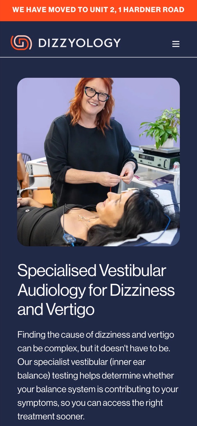 Dizzyology on a phone, top of page