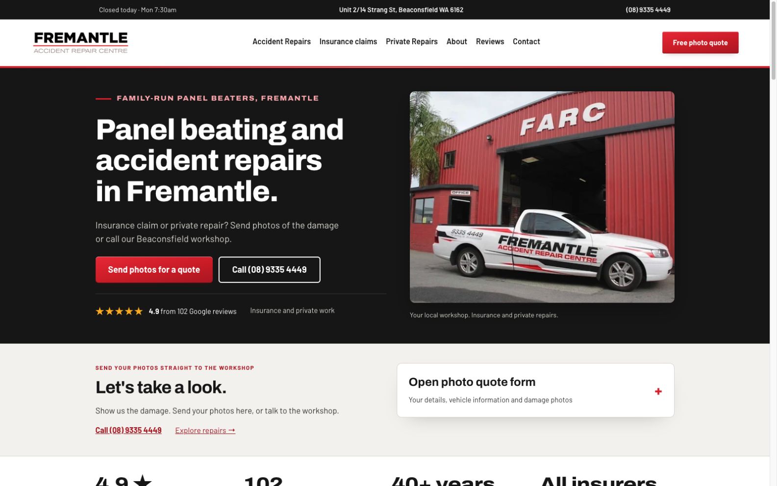 FARC homepage on desktop, with workshop photograph and photo-quote entry